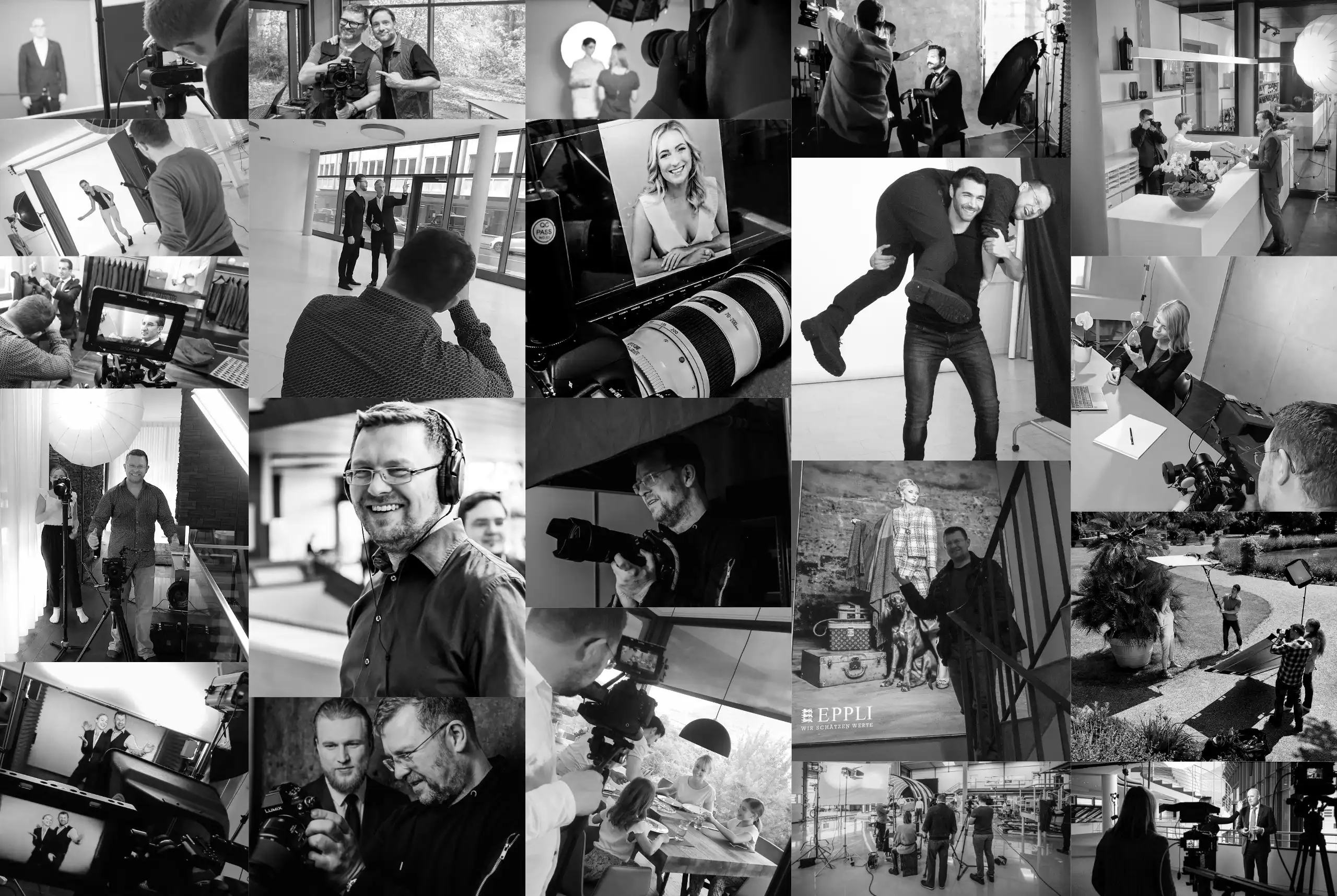 Bildtafel aus Aufnahmen hinter den Kulissen: Jens Achtert beim Fotografieren, Filmen und Ausleuchten in Studio, Büro und Außenlocation